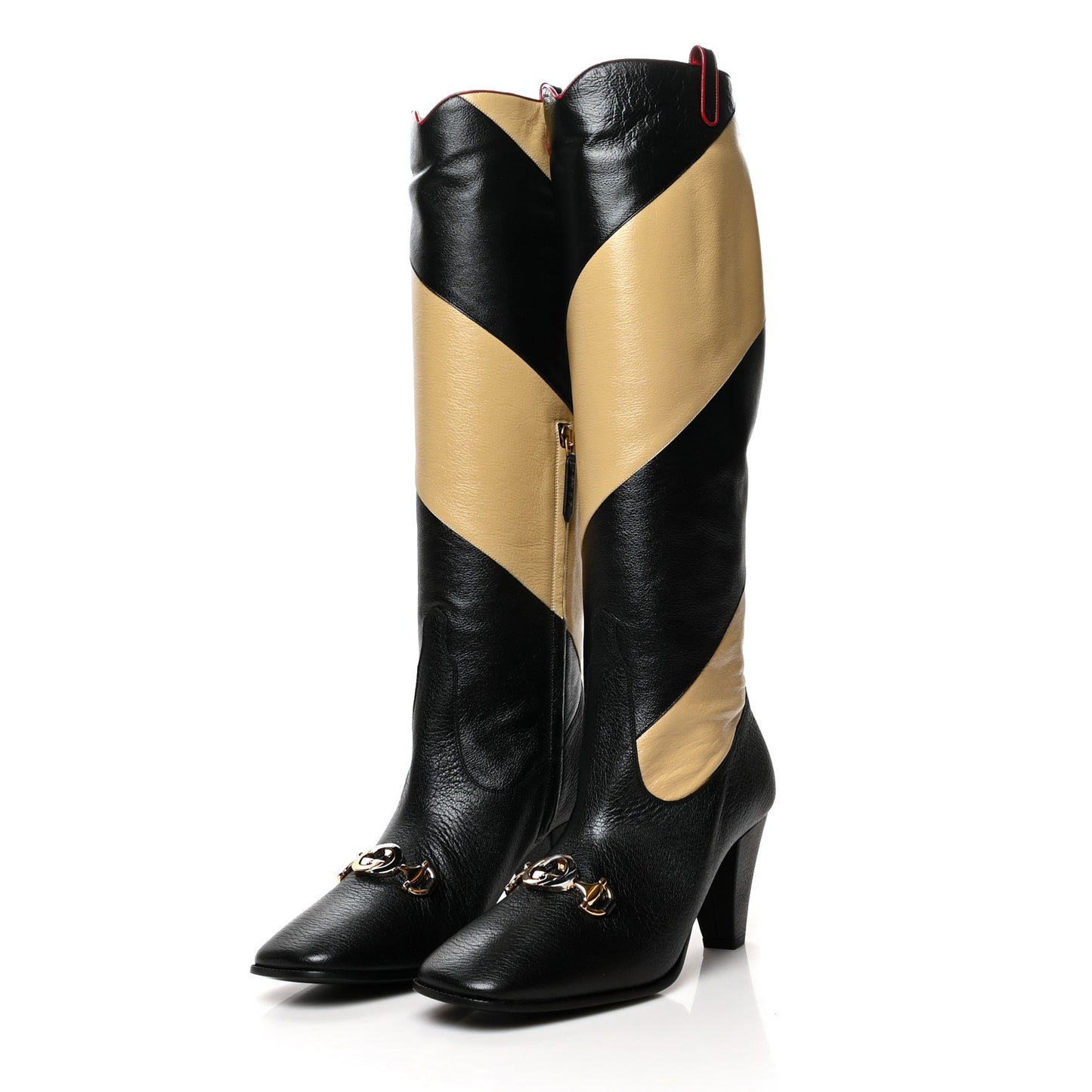 Calfskin Wrinkled Kid Diagonal Striped Zumi Knee Boots 39.5 Black Beige Romantic Cherry