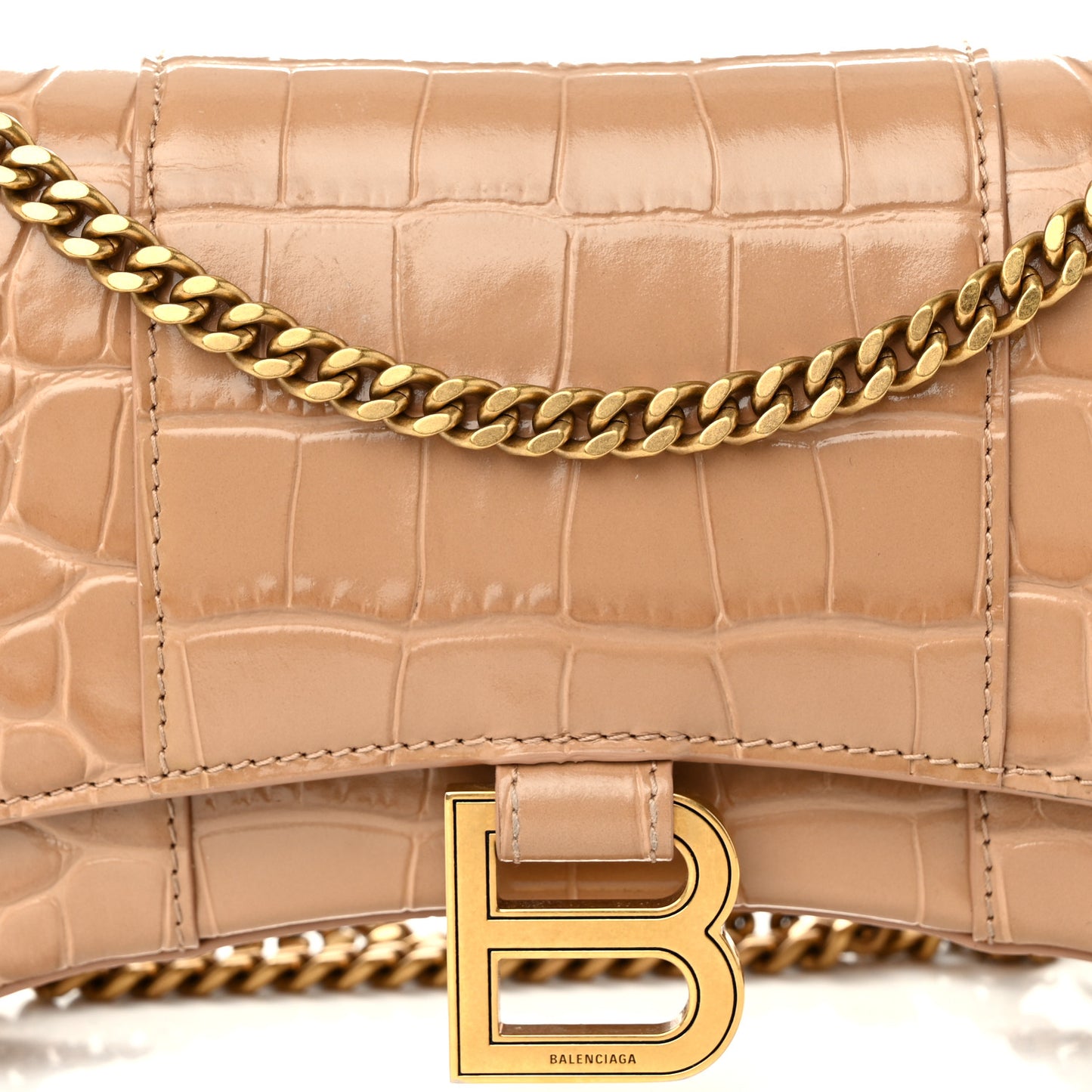 Shiny Calfskin Crocodile Embossed Hourglass Chain Bag Nude Beige