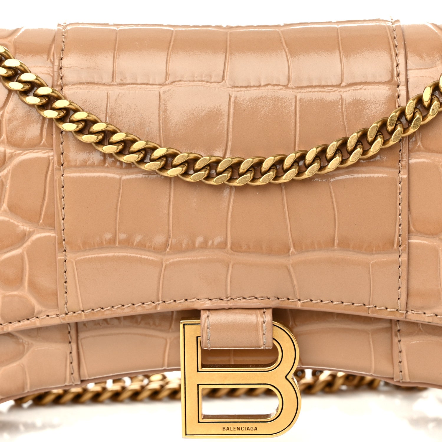 Balenciaga Shiny Calfskin Crocodile Embossed Hourglass Chain Bag Nude Beige 7 of 9