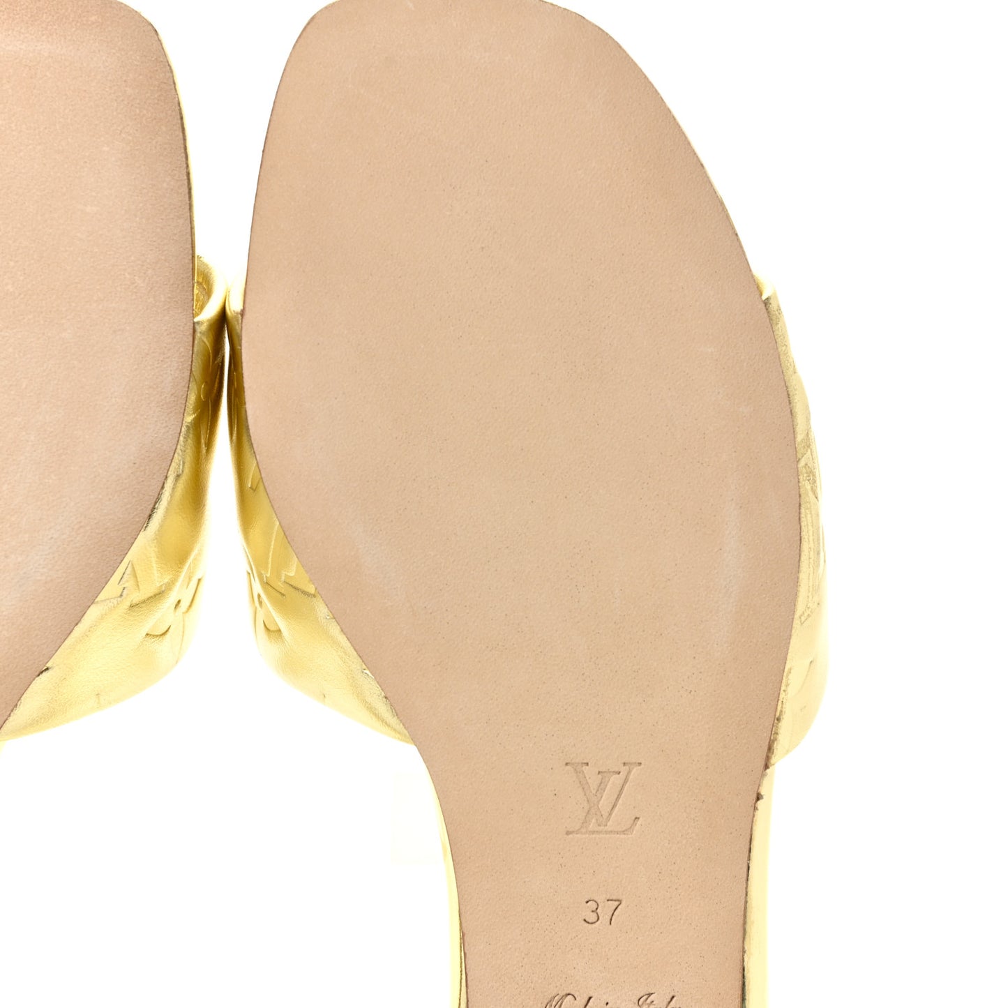 Metallic Lambskin Embossed Monogram Revival Flat Mules 37 Gold