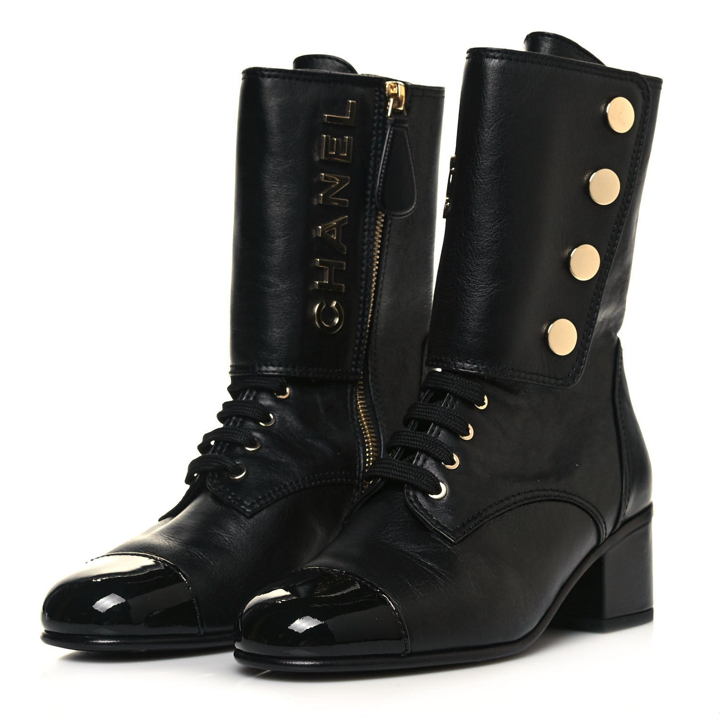 Calfskin Patent Cap Toe Boots 36.5 Black