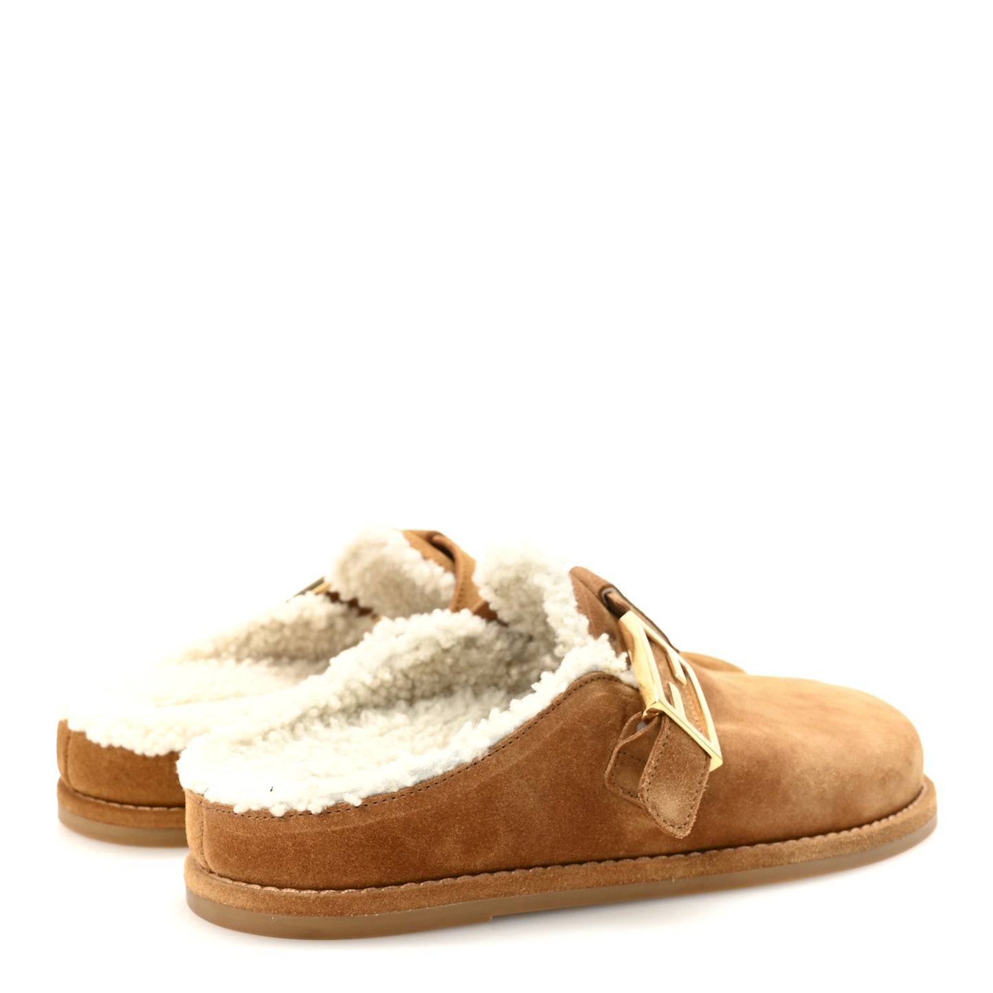 Suede Shearling Fendi Feel Buckled Clogs 37 Caramello Latte