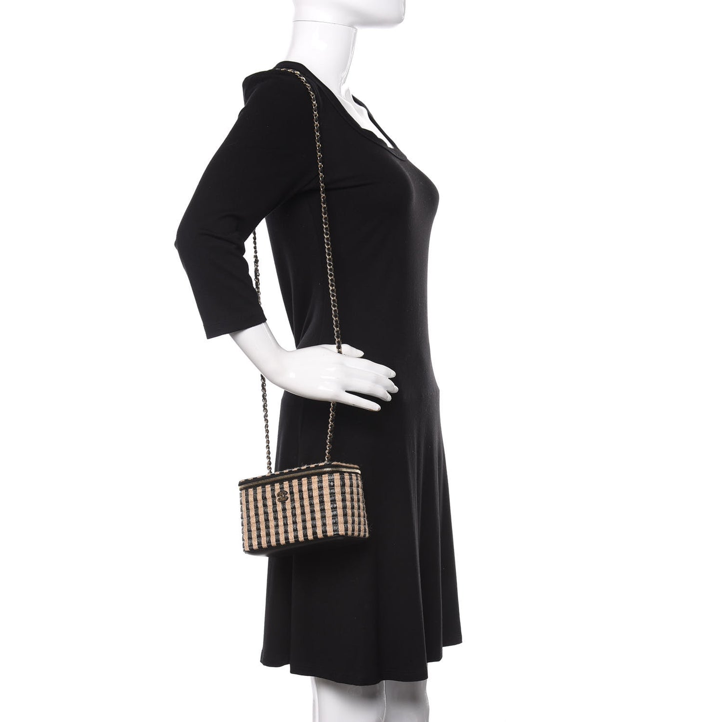 Raffia Jute Striped Small Vanity Case With Chain Black Beige