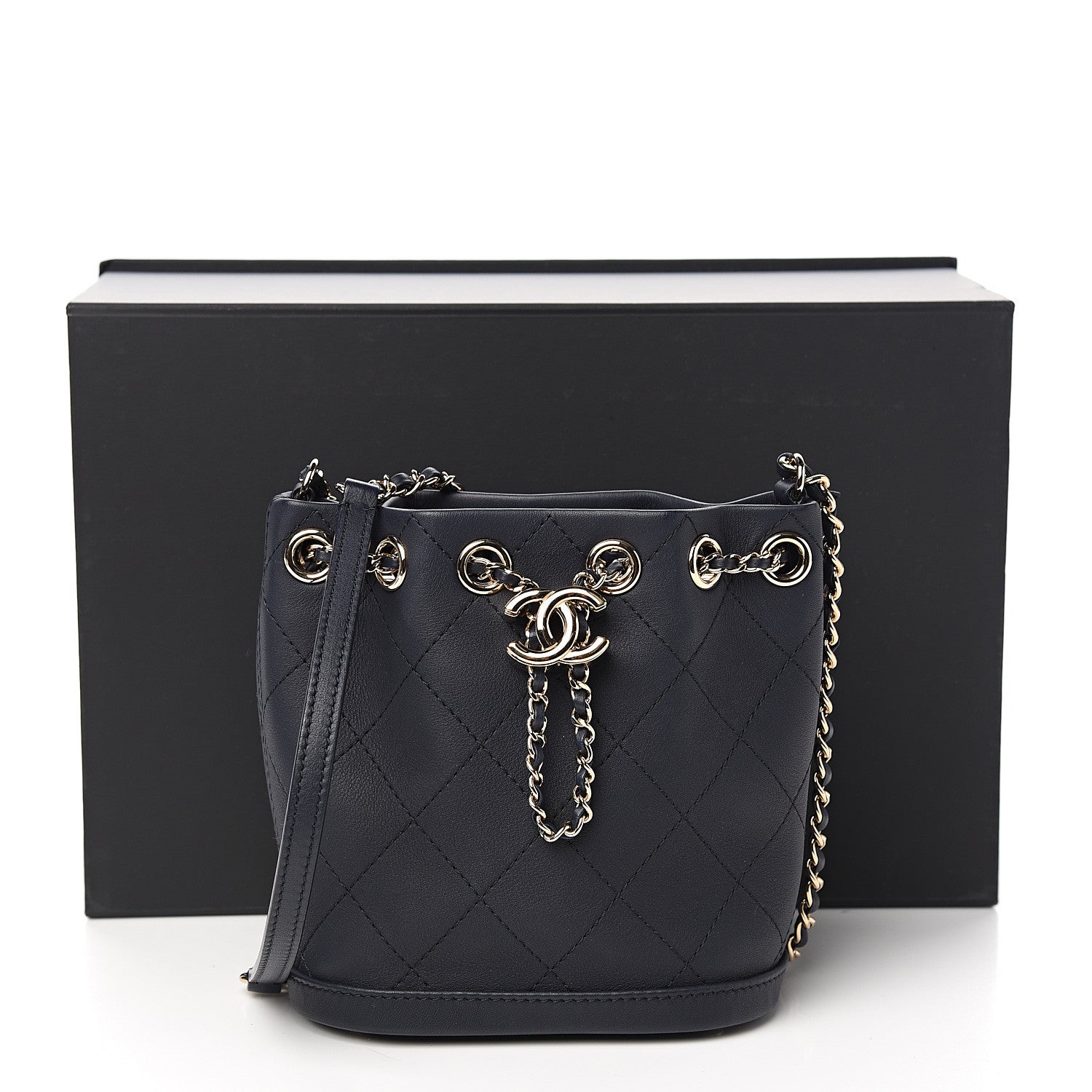 Chanel Calfskin Stitched Chain Bucket Bag Navy 10 of 10