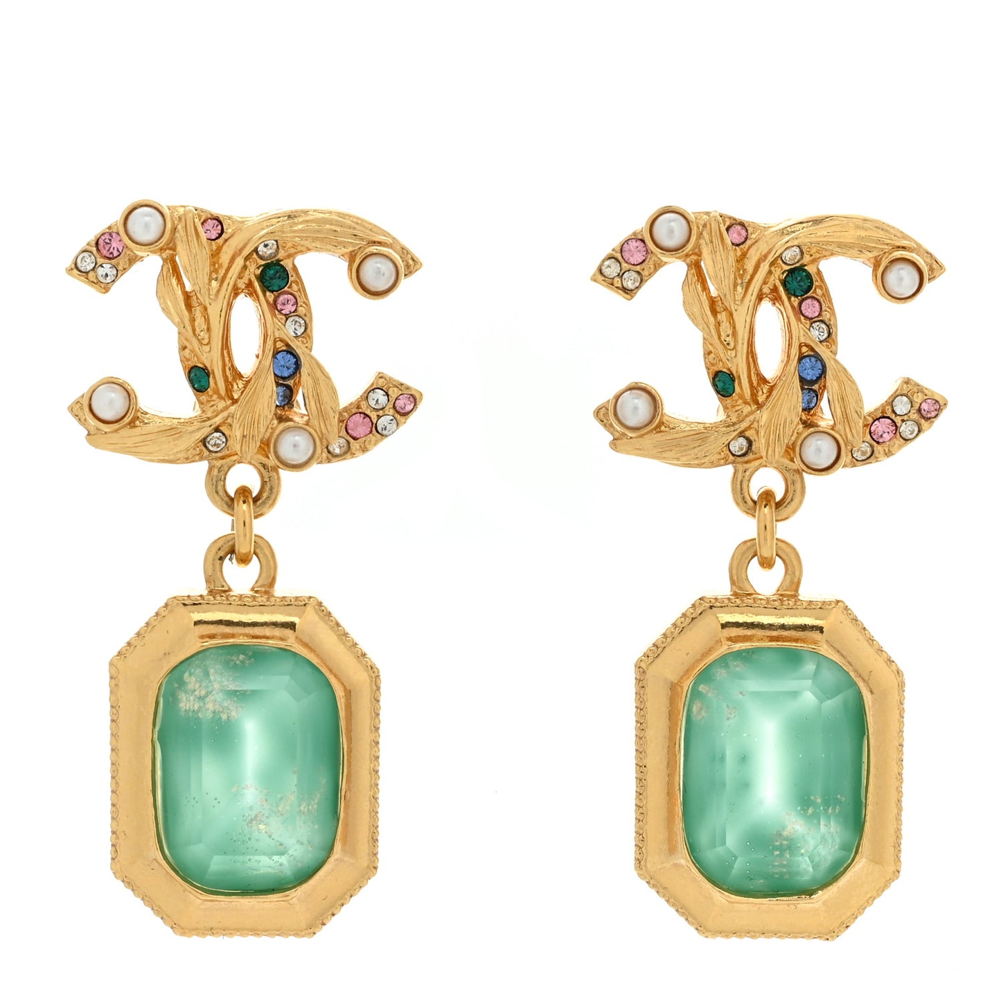 Crystal Pearl Glitter CC Drop Earrings Gold Green