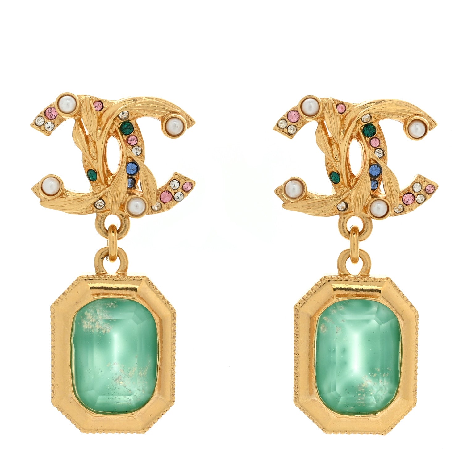 Chanel Crystal Pearl Glitter CC Drop Earrings Gold Green 1 of 5
