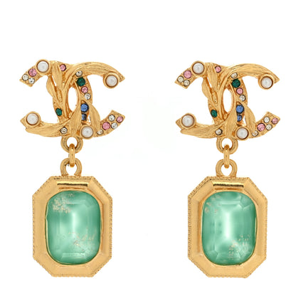 Chanel Crystal Pearl Glitter CC Drop Earrings Gold Green 1 of 5