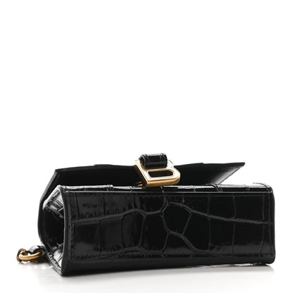 Balenciaga Shiny Calfskin Crocodile Embossed Hourglass Chain Cardholder Black 3 of 8