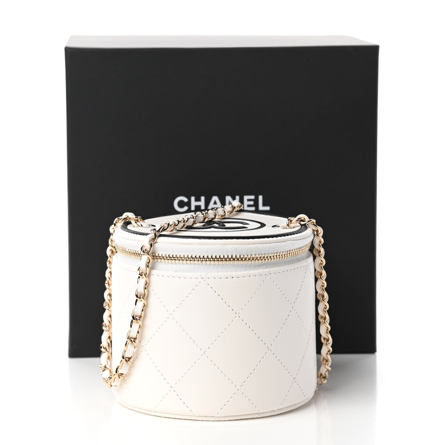 Chanel Lambskin Quilted Round Small Vanity Case With Chain White Black 11 of 12