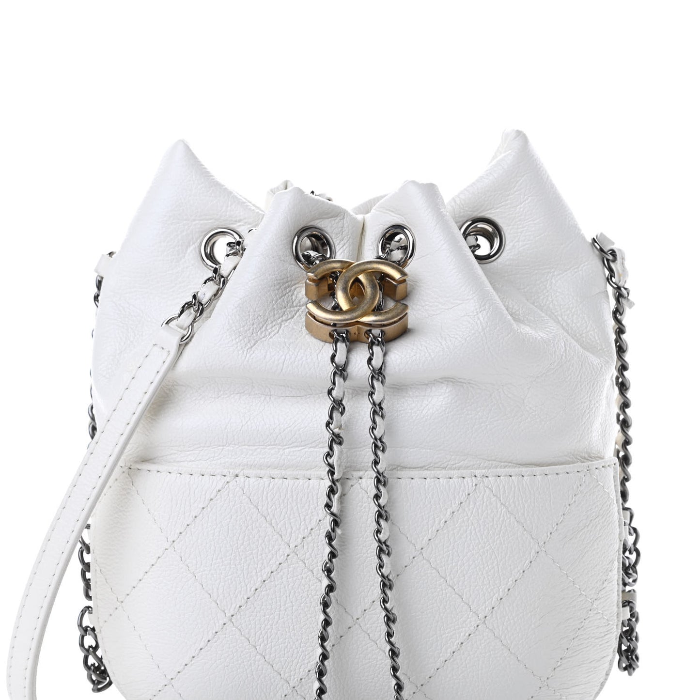 Aged Calfskin Quilted Small Gabrielle Bucket White