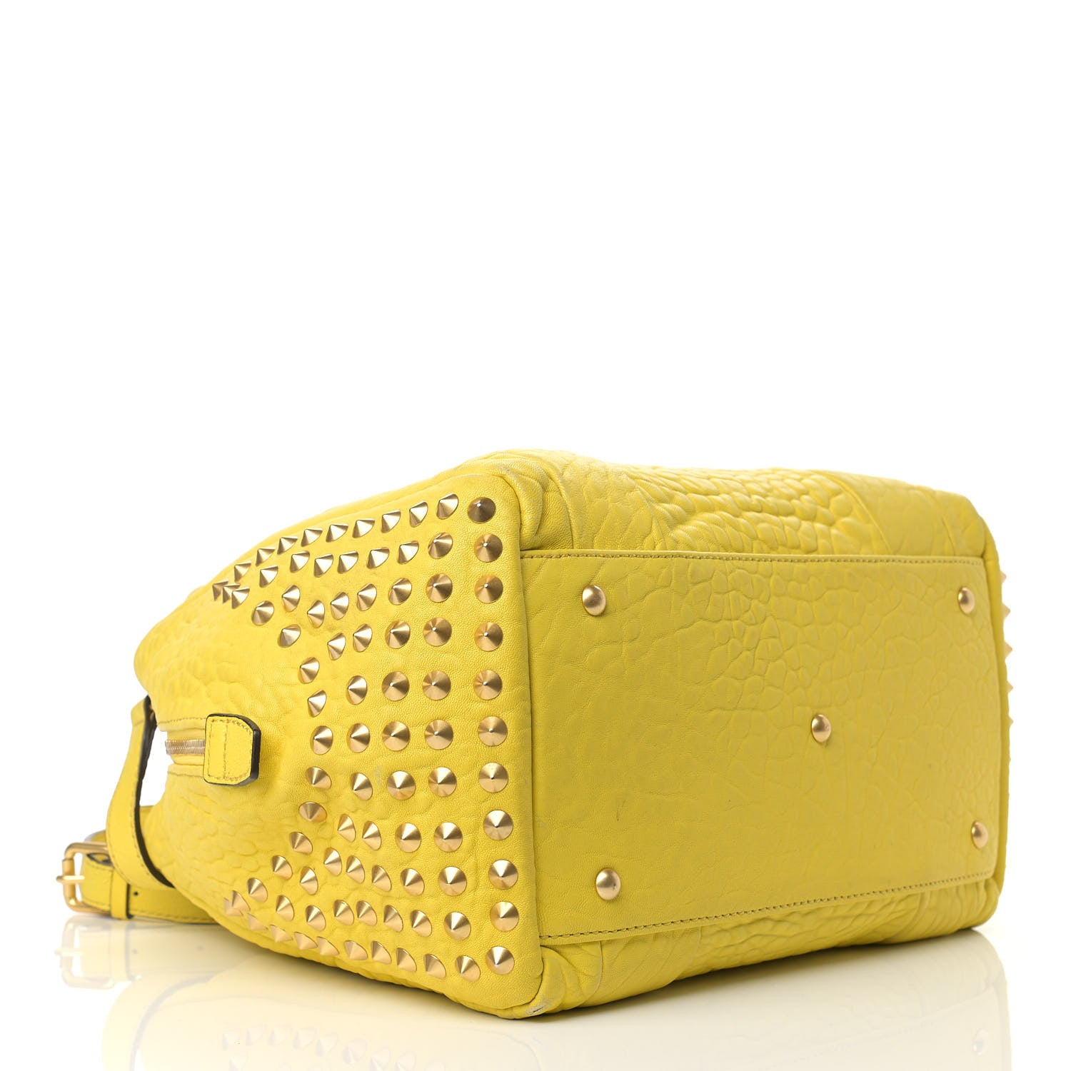 MCM Pebbled Calfskin Studded Satchel Yellow 3 of 17