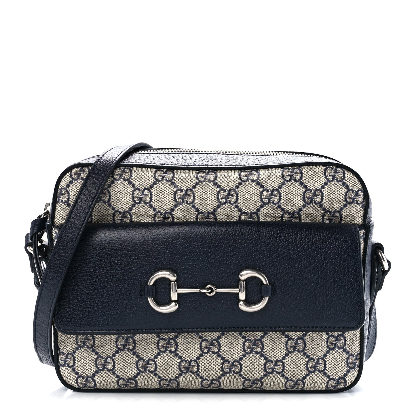 GG Supreme Monogram Textured Dollar Calfskin Small Horsebit 1955 Shoulder Bag Beige Blue