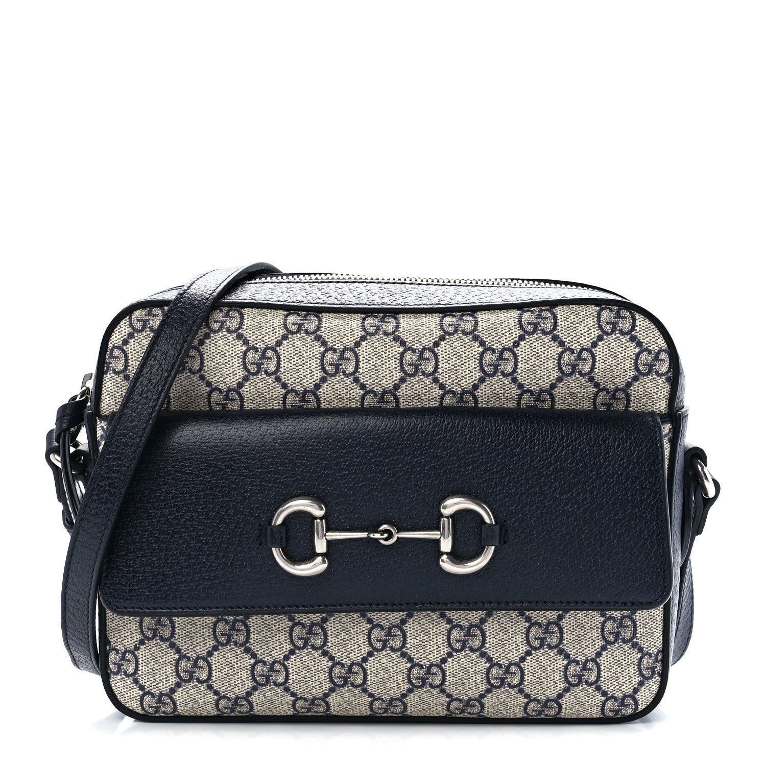 Gucci GG Supreme Monogram Textured Dollar Calfskin Small Horsebit 1955 Shoulder Bag Beige Blue 1 of 11