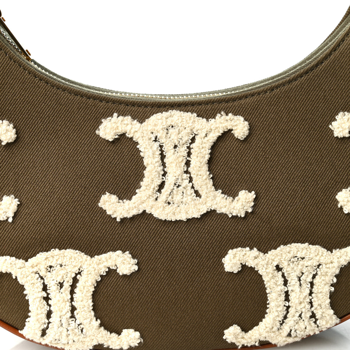 Celine Cotton Gabardine Bouclette Embroidered Medium Strap Ava Triomphe Shoulder Bag Khaki Tan 6 of 8