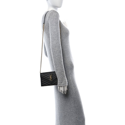 Saint Laurent Grain De Poudre Matelasse Chevron Monogram Envelope Chain Wallet Black 3 of 10