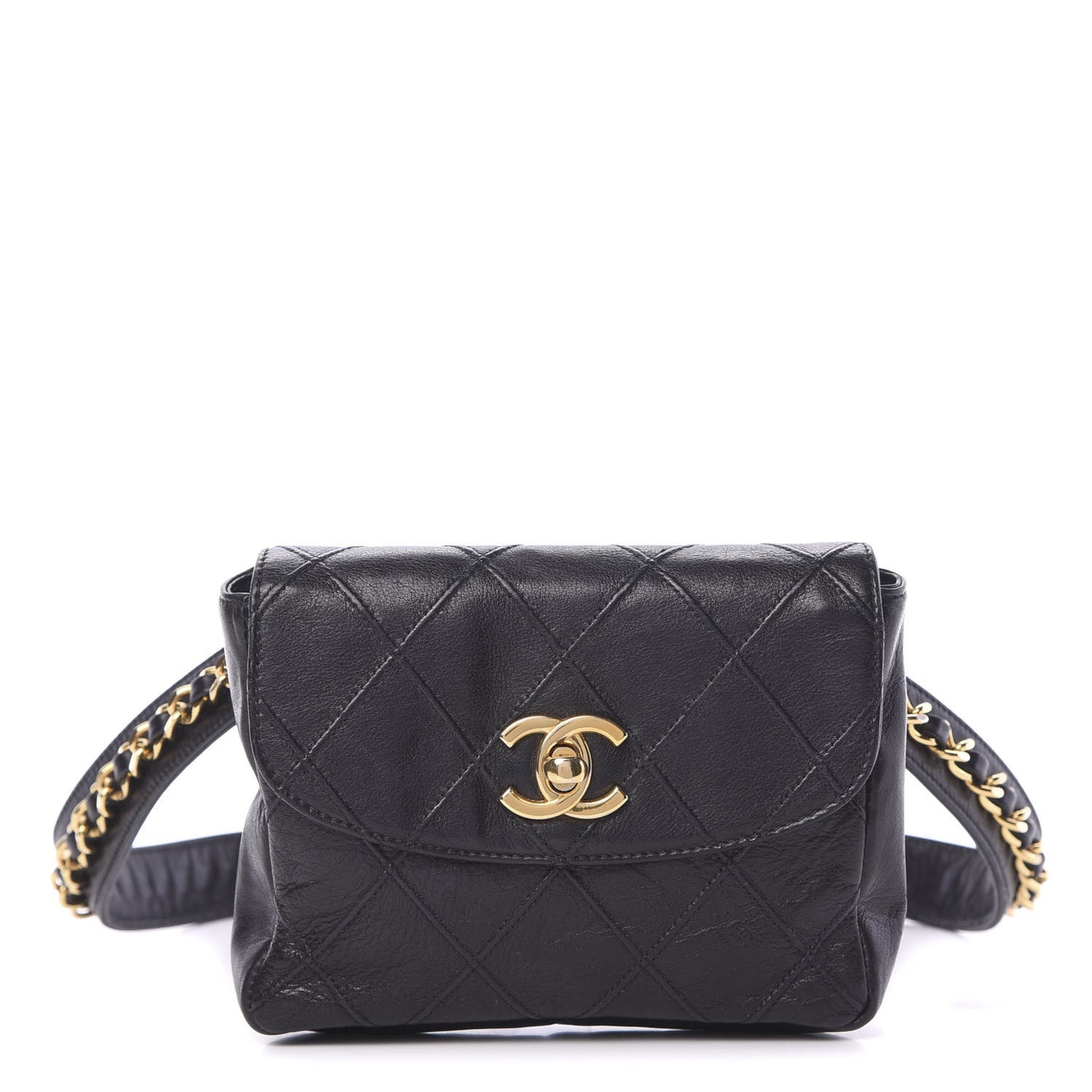 Calfskin Diamond Embossed Flap Waist Belt Bag Black