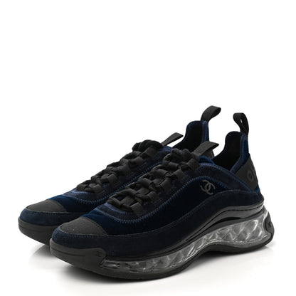 Chanel Suede Calfskin Velvet Grosgrain CC Sneakers 37.5 Navy Blue Black 3 of 9
