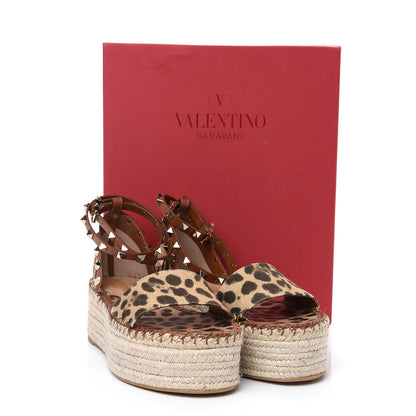 Valentino Garavani Canvas Leopard Print Rockstud Ankle Wrap Espadrille Flatform Sandals 38 Brown 8 of 8
