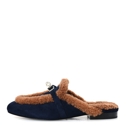Hermes Suede Goatskin Woolskin Womens Oz Mules 36 Marine Gold 1 of 9