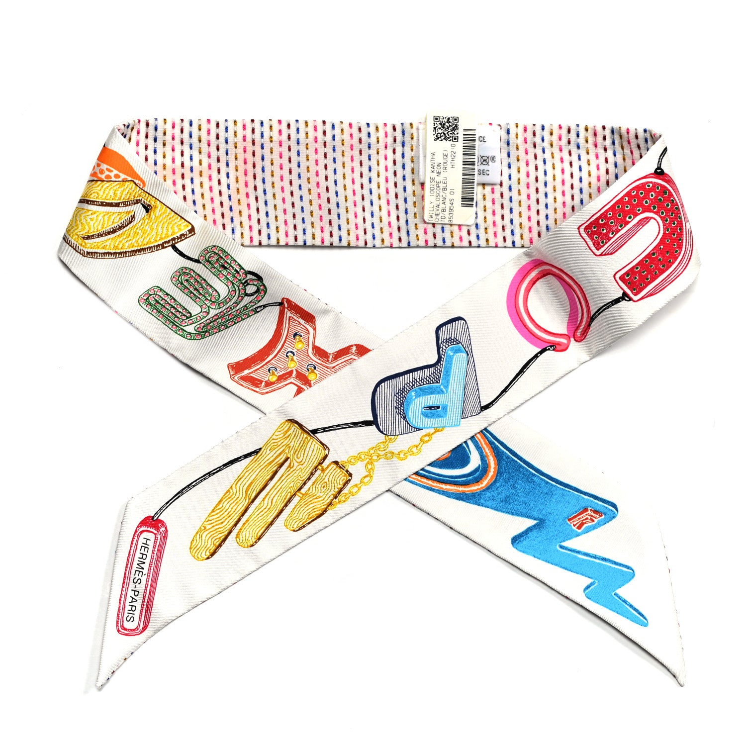 Hermes Silk Chevaloscope Neon Twilly White Bleu Rouge 1 of 5