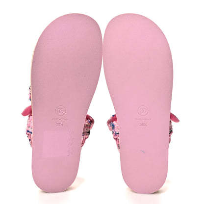 Chanel Tweed Lambskin Crystal CC Sandals 38.5 Pink Multicolor 5 of 8