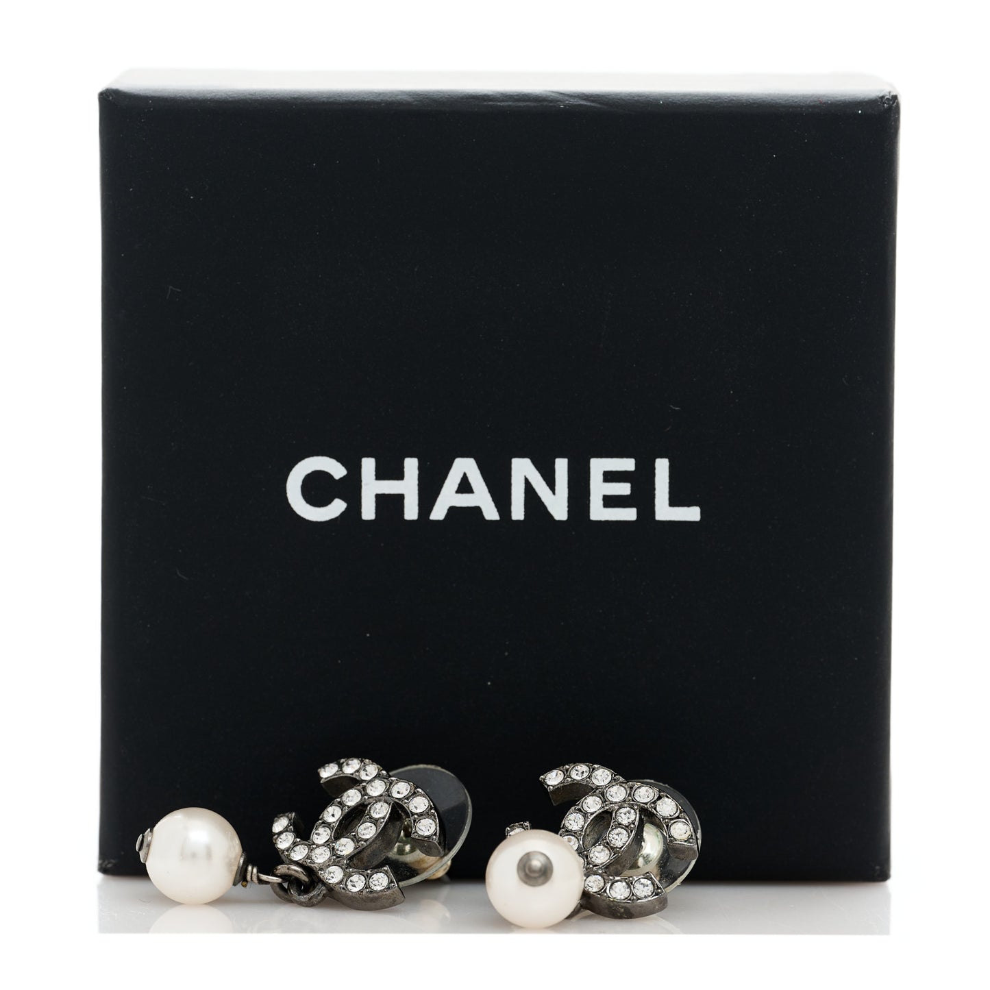 Crystal Pearl CC Drop Earrings Silver