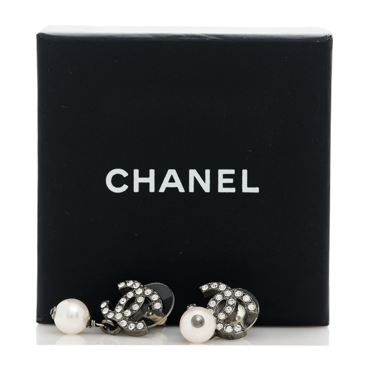 Chanel Crystal Pearl CC Drop Earrings Silver 5 of 5