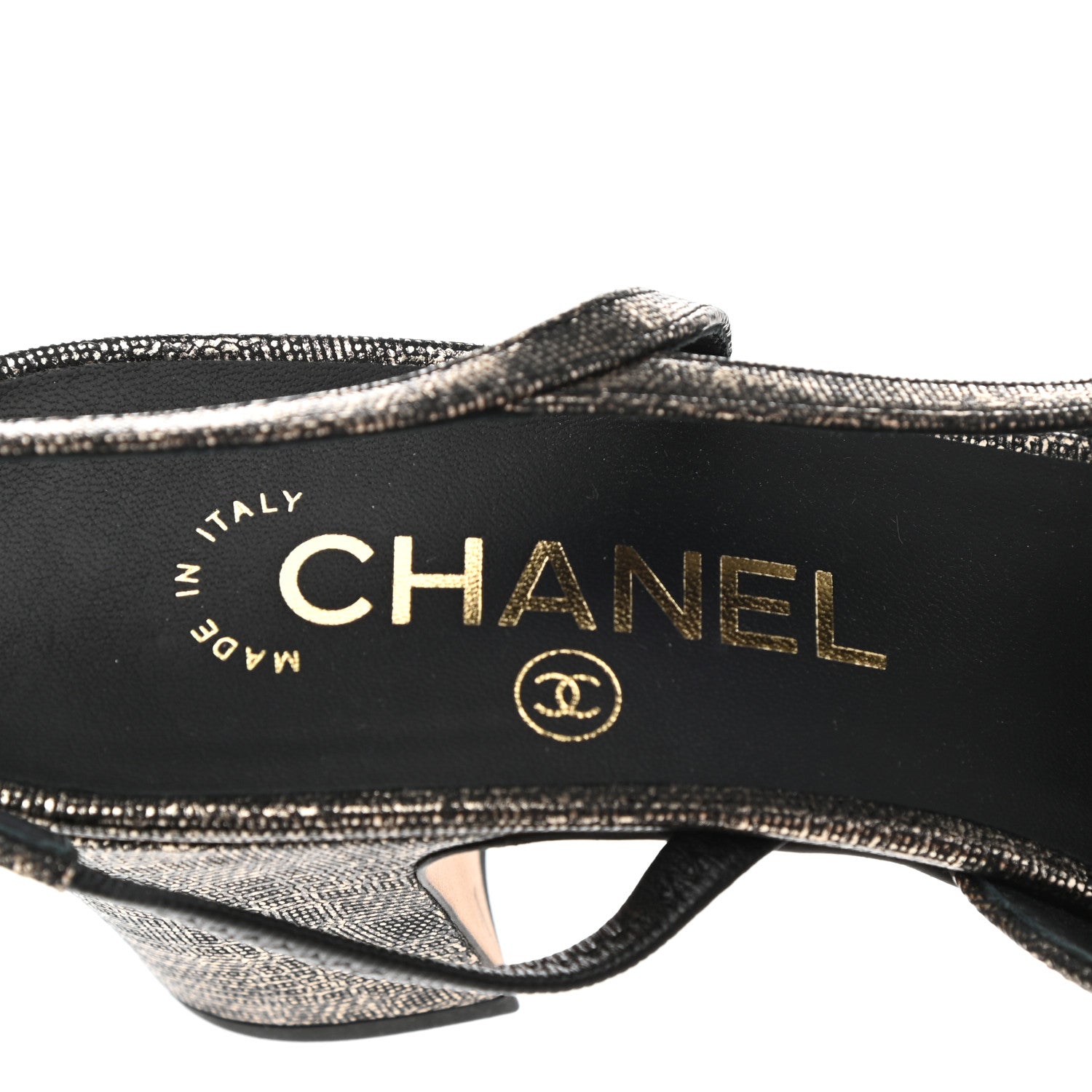Chanel Metallic Lambskin Grosgrain Cap Toe CC Slingback Sandals 38.5 Black Gold 7 of 9