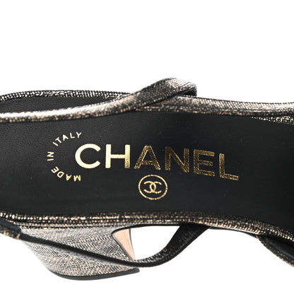 Chanel Metallic Lambskin Grosgrain Cap Toe CC Slingback Sandals 38.5 Black Gold 7 of 9