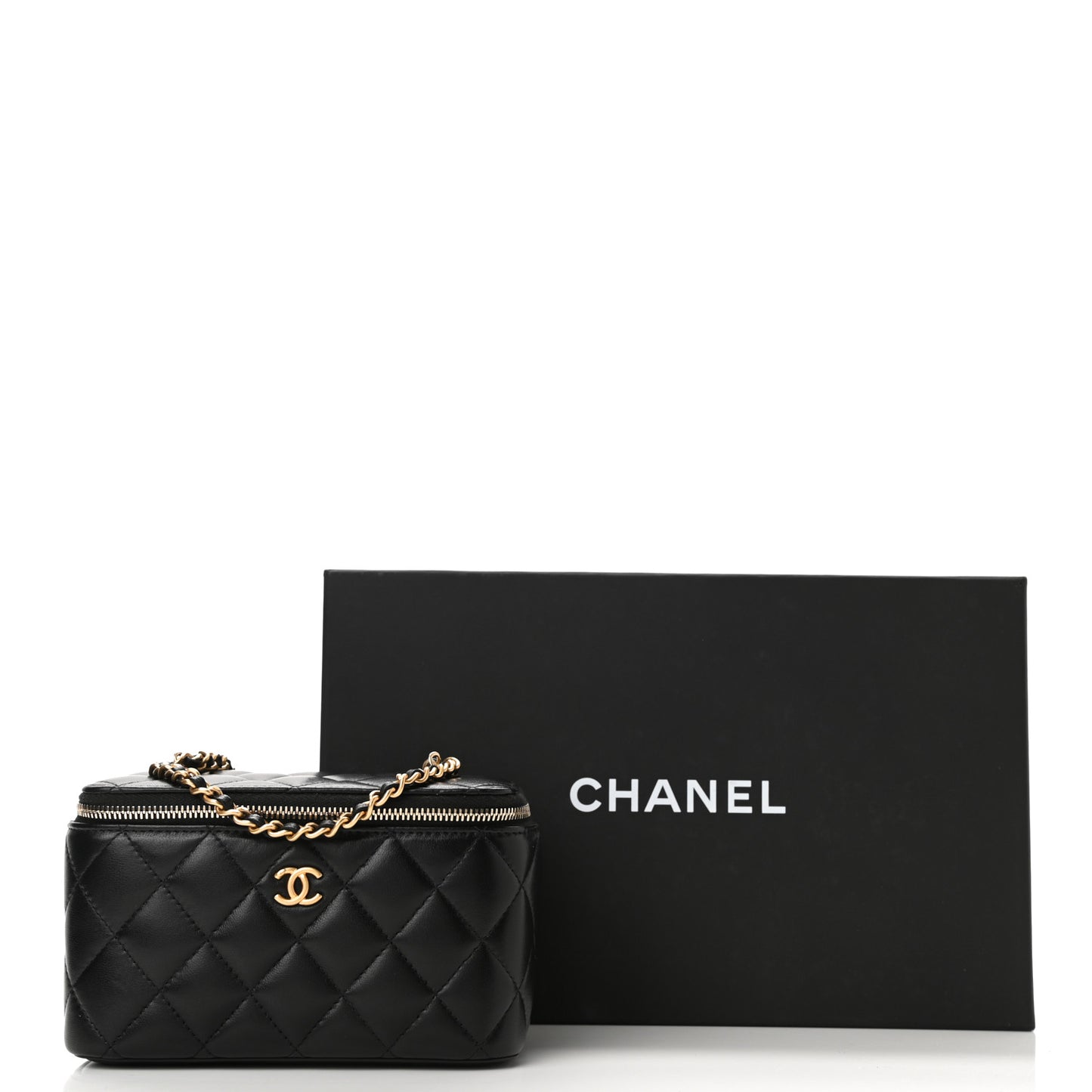 Lambskin Quilted Small Pearl Crush Vanity Case With Chain Black