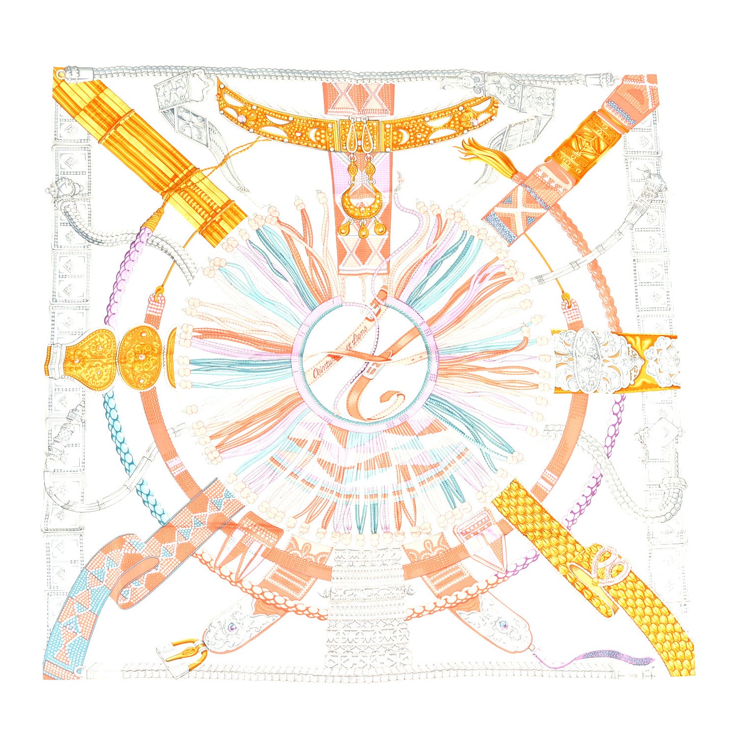 Silk Ceintures et Liens Scarf 90 White Corail Multicolor