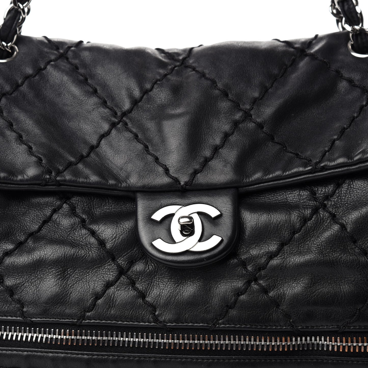 Calfskin Stitched Large Expandable Flap Bag Black