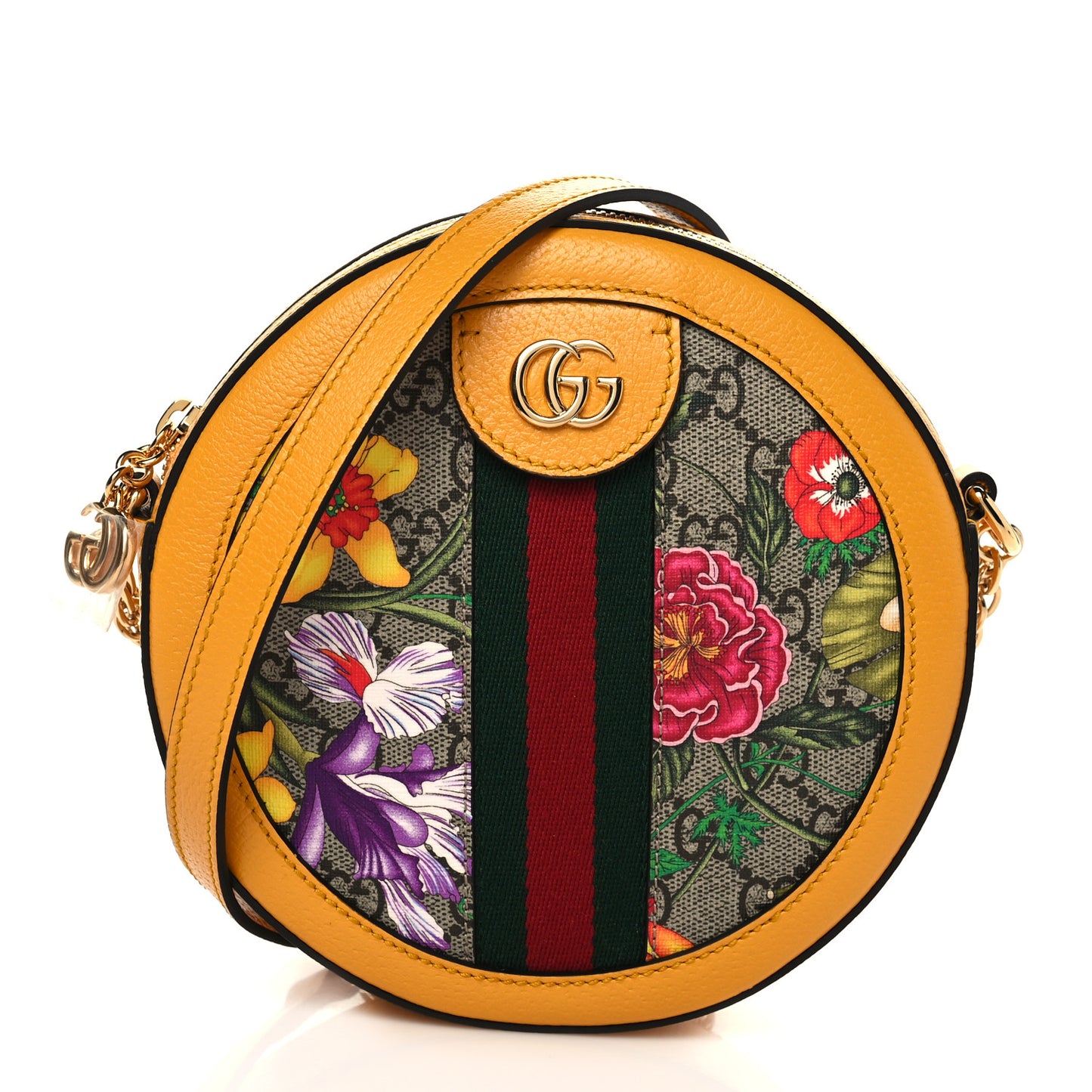 GG Supreme Monogram Flora Web Mini Ophidia Round Shoulder Bag Beige Multicolor Crop