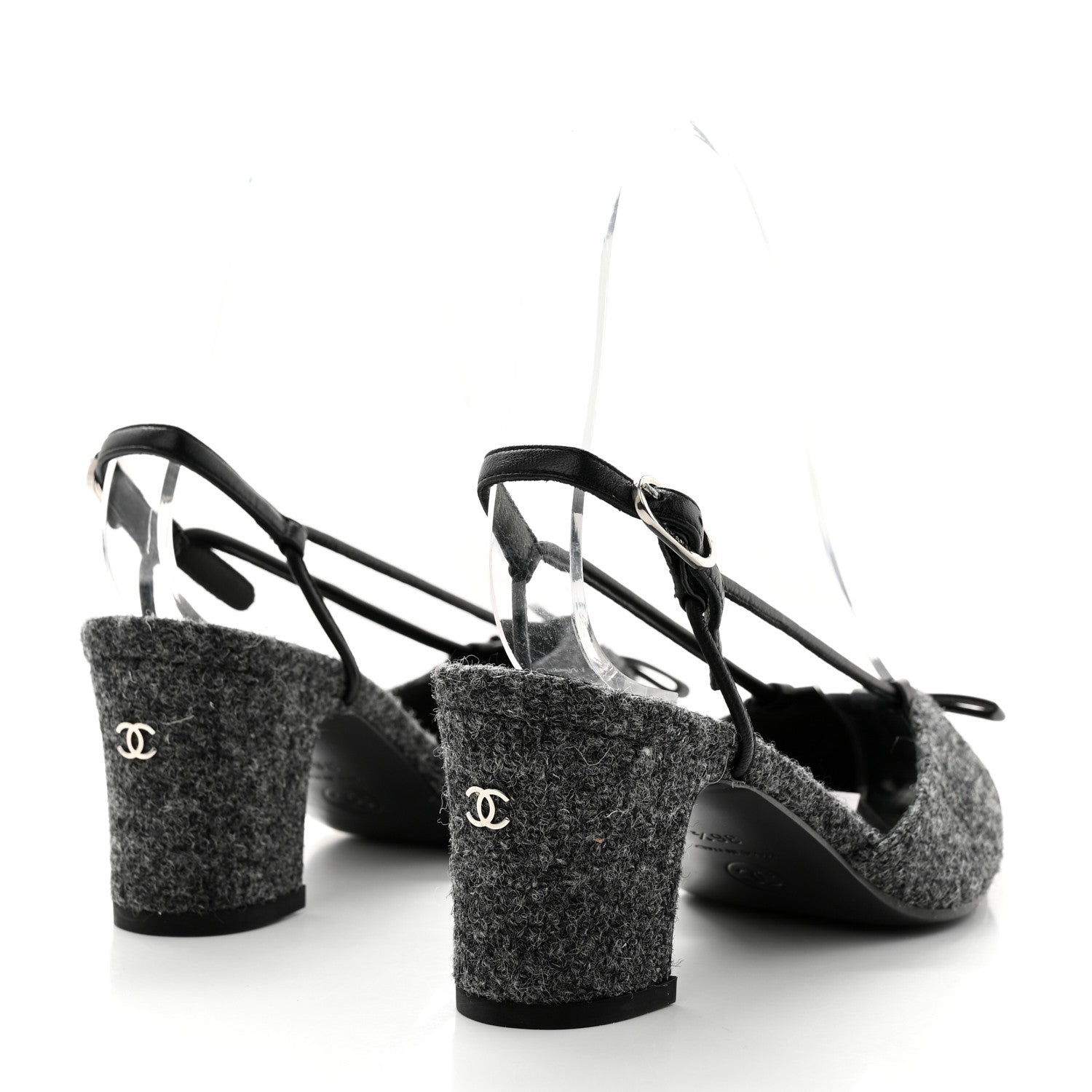 Chanel Tweed Satin Slingback Cap Toe Bow Pumps 36.5 Grey Black 4 of 9