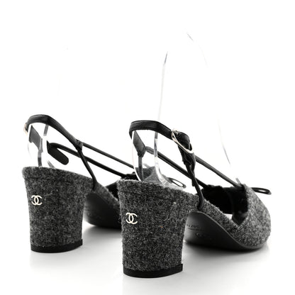 Chanel Tweed Satin Slingback Cap Toe Bow Pumps 36.5 Grey Black 4 of 9