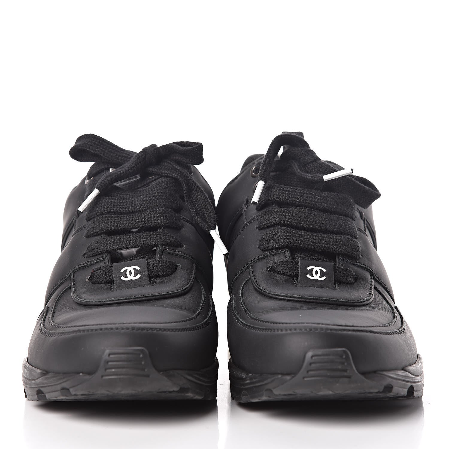 Chanel Calfskin Lambskin Womens CC Sneakers 39.5 Black White 2 of 9