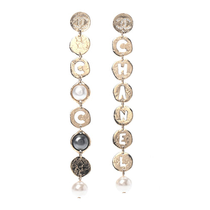 Chanel Pearl Crystal Logo Drop Earrings Gold 1 of 4