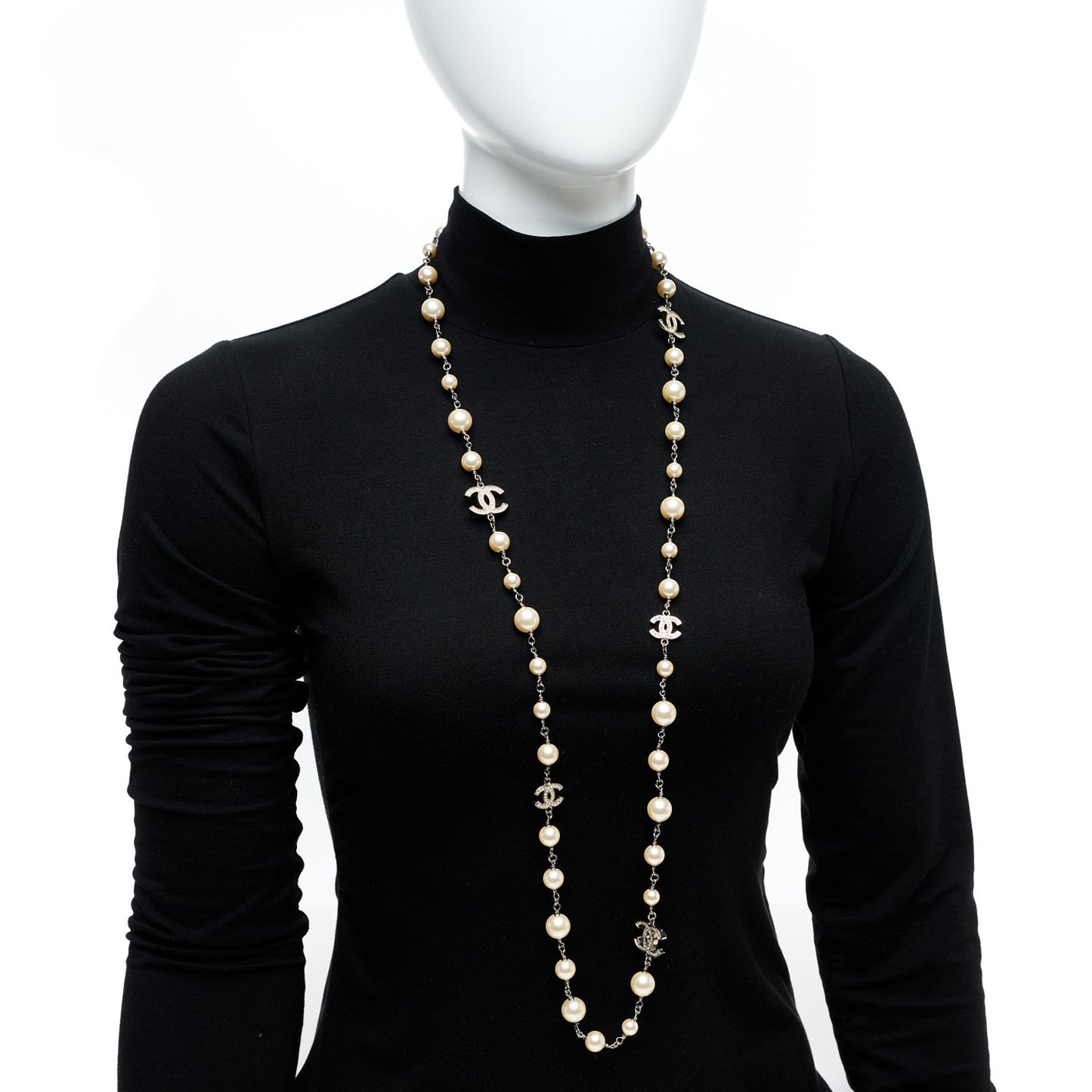 Graduated Pearl Crystal CC Long Necklace Silver