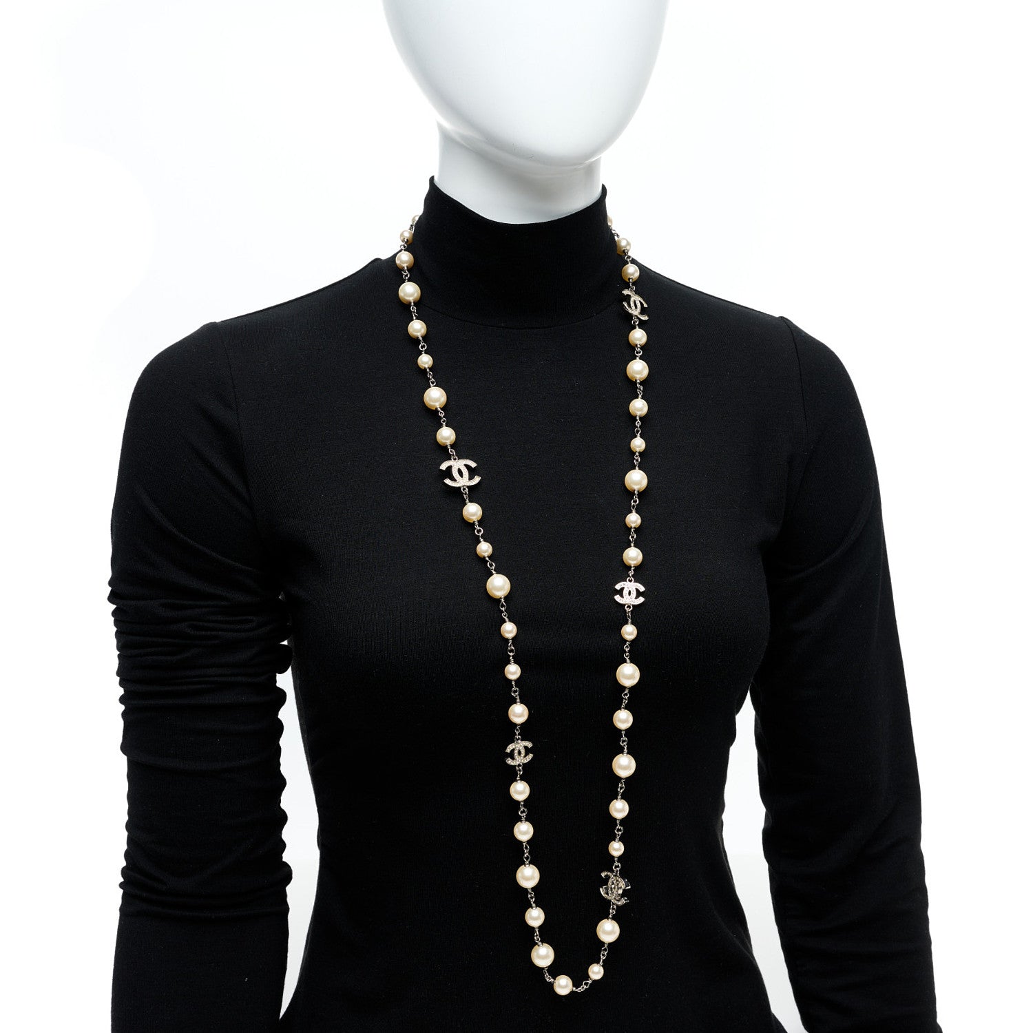 Chanel Graduated Pearl Crystal CC Long Necklace Silver 2 of 7