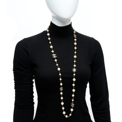 Chanel Graduated Pearl Crystal CC Long Necklace Silver 2 of 7