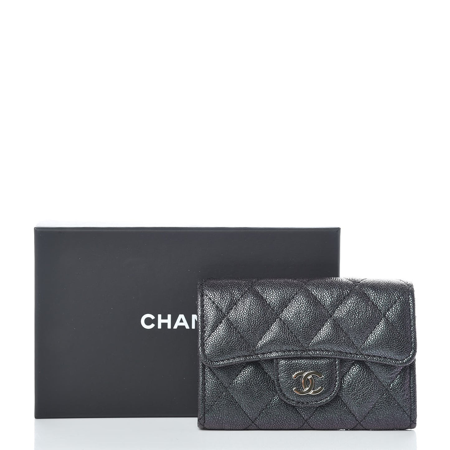 Iridescent Caviar Quilted Flap Card Holder Black