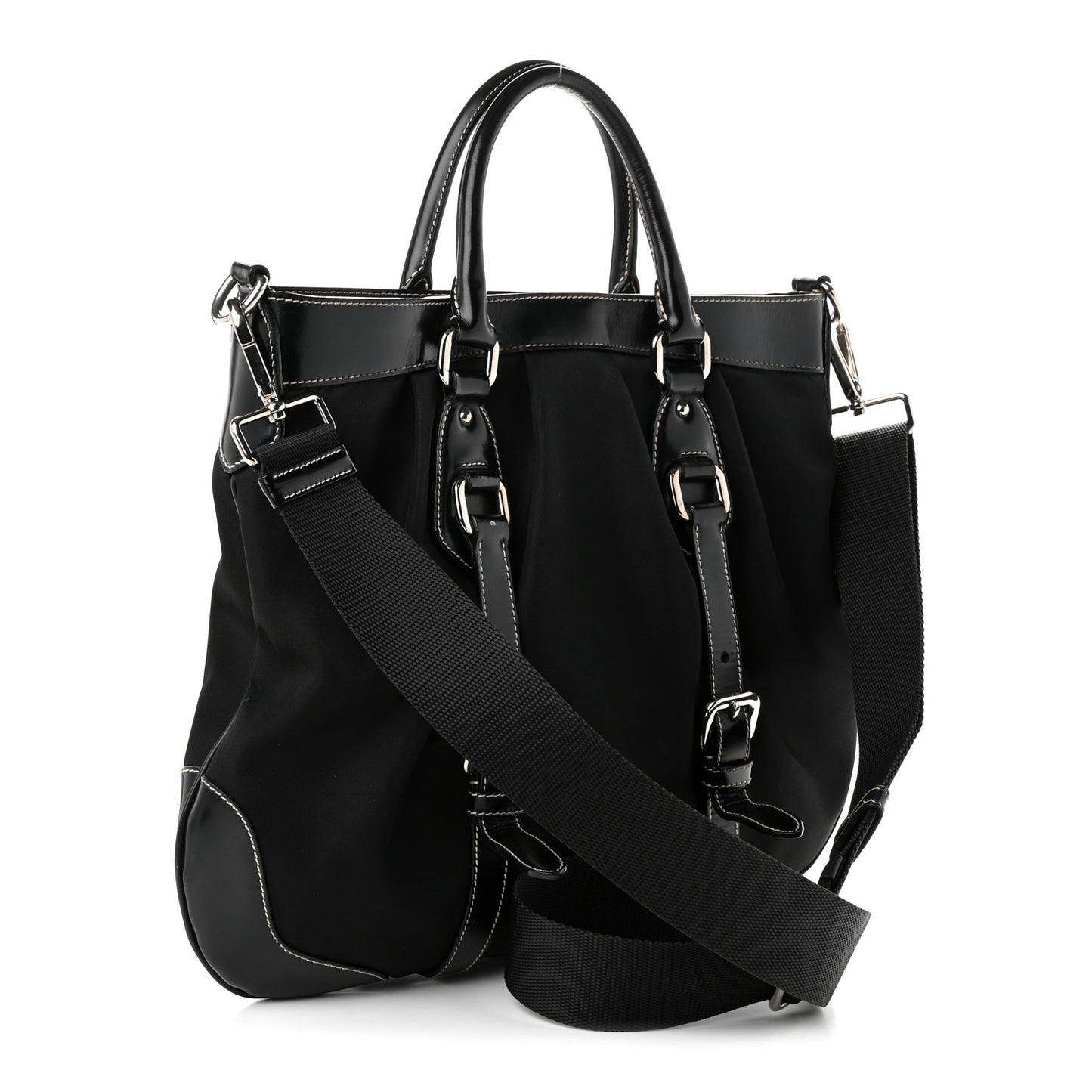 Tessuto Nylon Calfskin Flat Messenger Bag Black