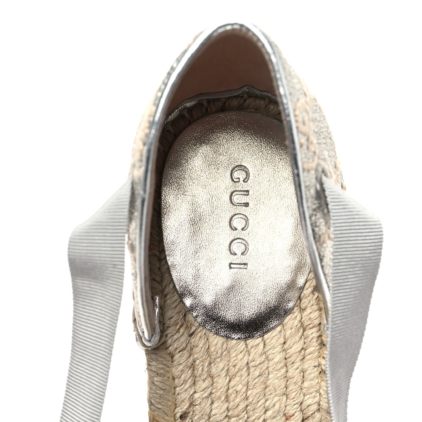 Lame GG Monogram Ankle Wrap Platform Espadrille Wedges 41 Silver Beige Light Grey