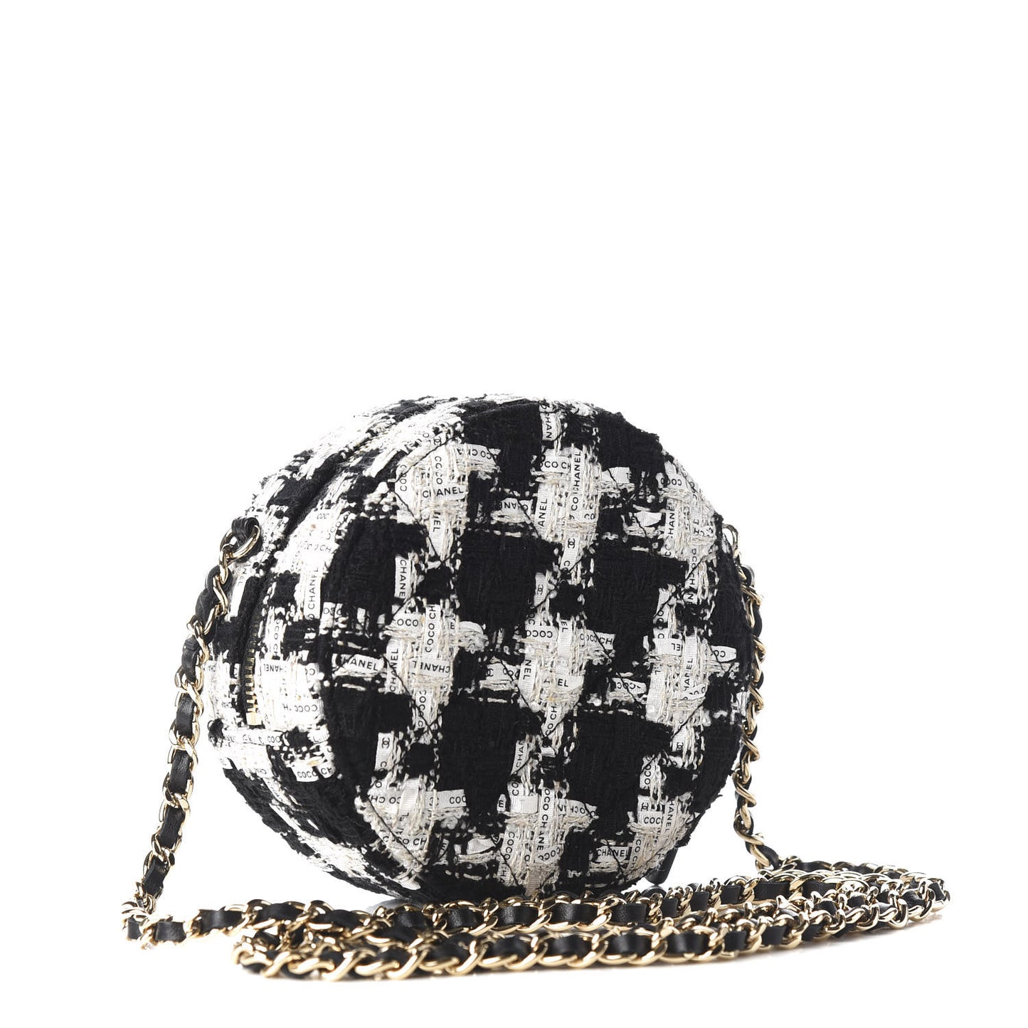 Tweed Quilted Round Clutch With Chain Black Ecru White