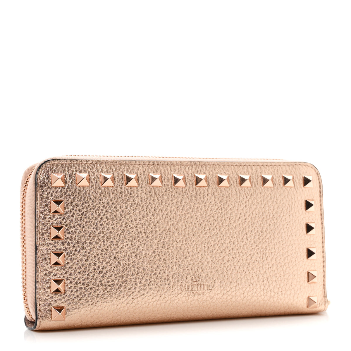 Valentino Garavani Metallic Pebbled Calfskin Rockstud Zip Around Wallet Rame 3 of 8