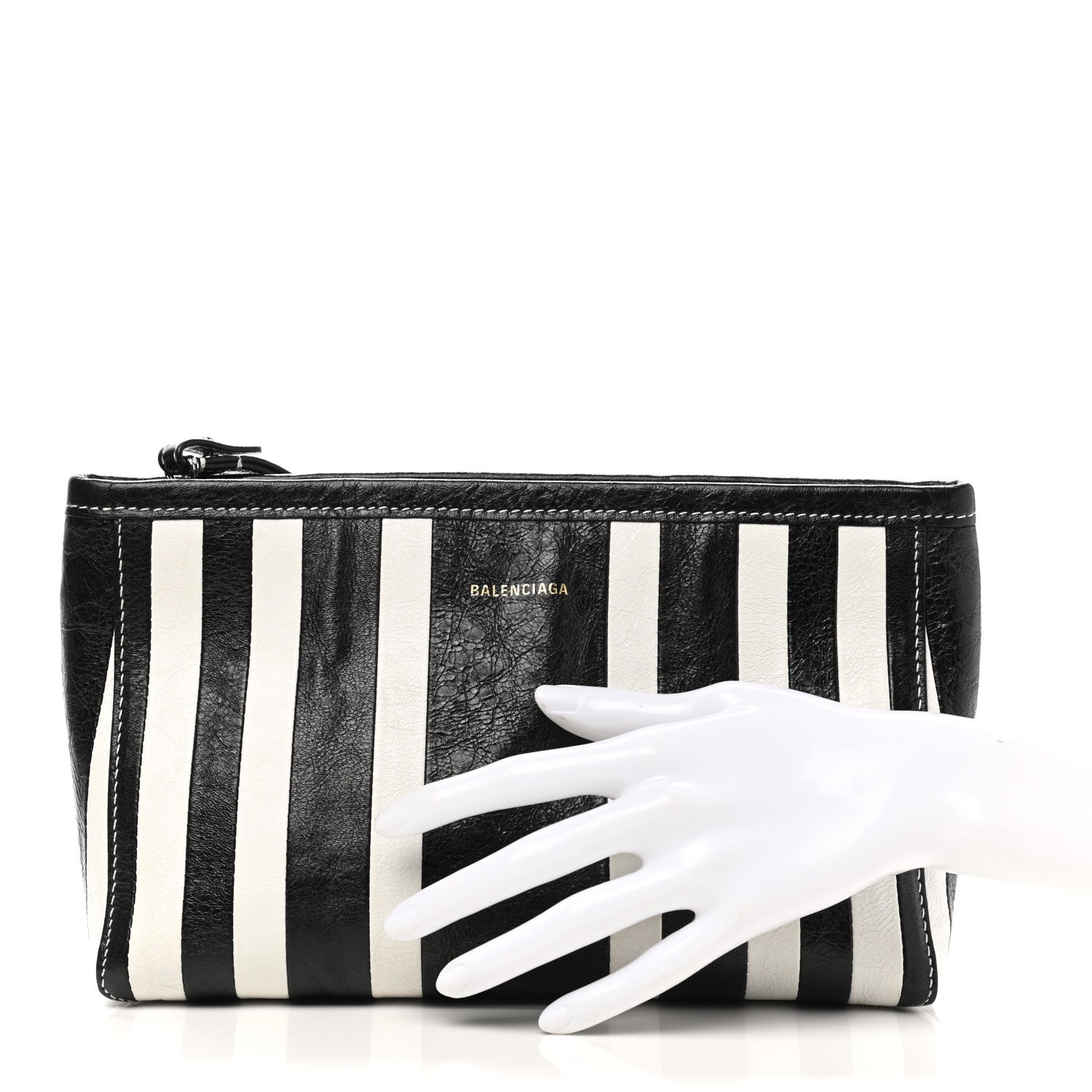 Balenciaga Agneau Arena Striped Patchwork Small Barbes Z Pouch with Handle Black White 2 of 8