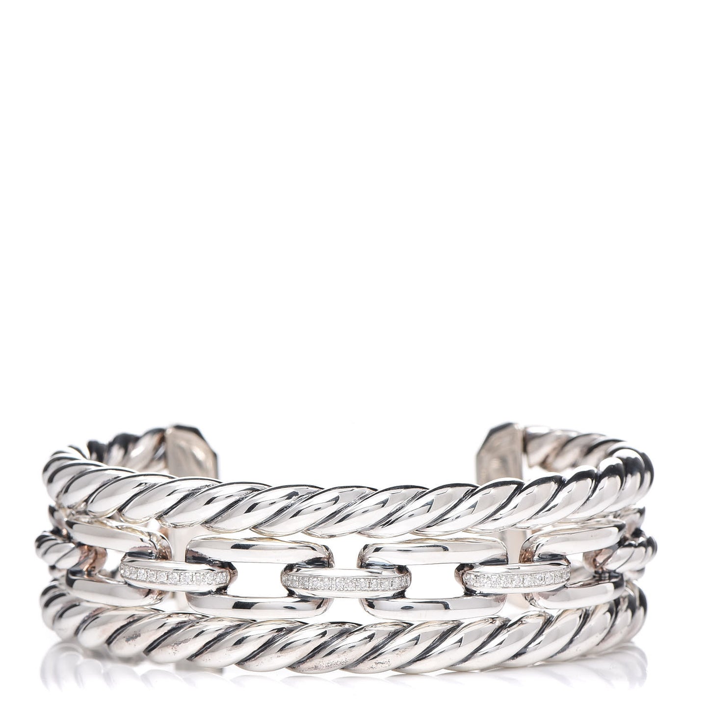 Sterling Silver Diamond Wellesley Link Three-Row Cuff Bracelet