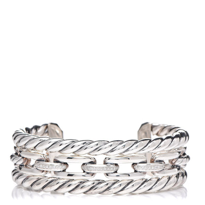 David Yurman Sterling Silver Diamond Wellesley Link Three-Row Cuff Bracelet 1 of 5