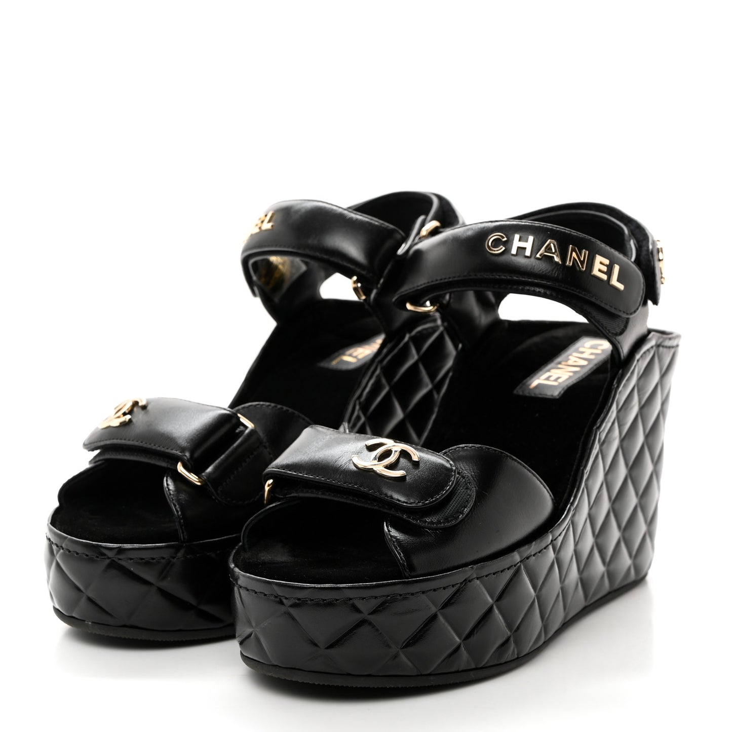 Shiny Calfskin Quilted Wedge Sandals 38 Black