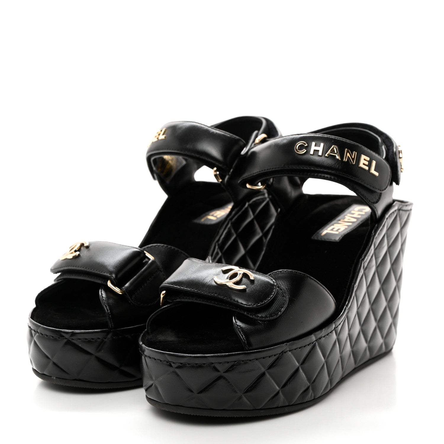 Chanel Shiny Calfskin Quilted Wedge Sandals 38 Black 3 of 9